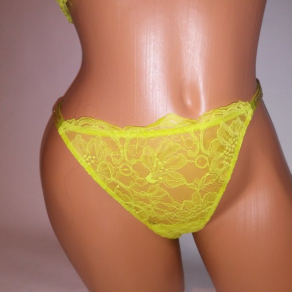 Victoria Secret Bra Set 36C Push Up Medium Thong Panty Yellow-Green Shine Strap - Picture 7 of 12